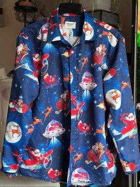 Festive Navy Christmas UFO & Santa Button-Up Shirt